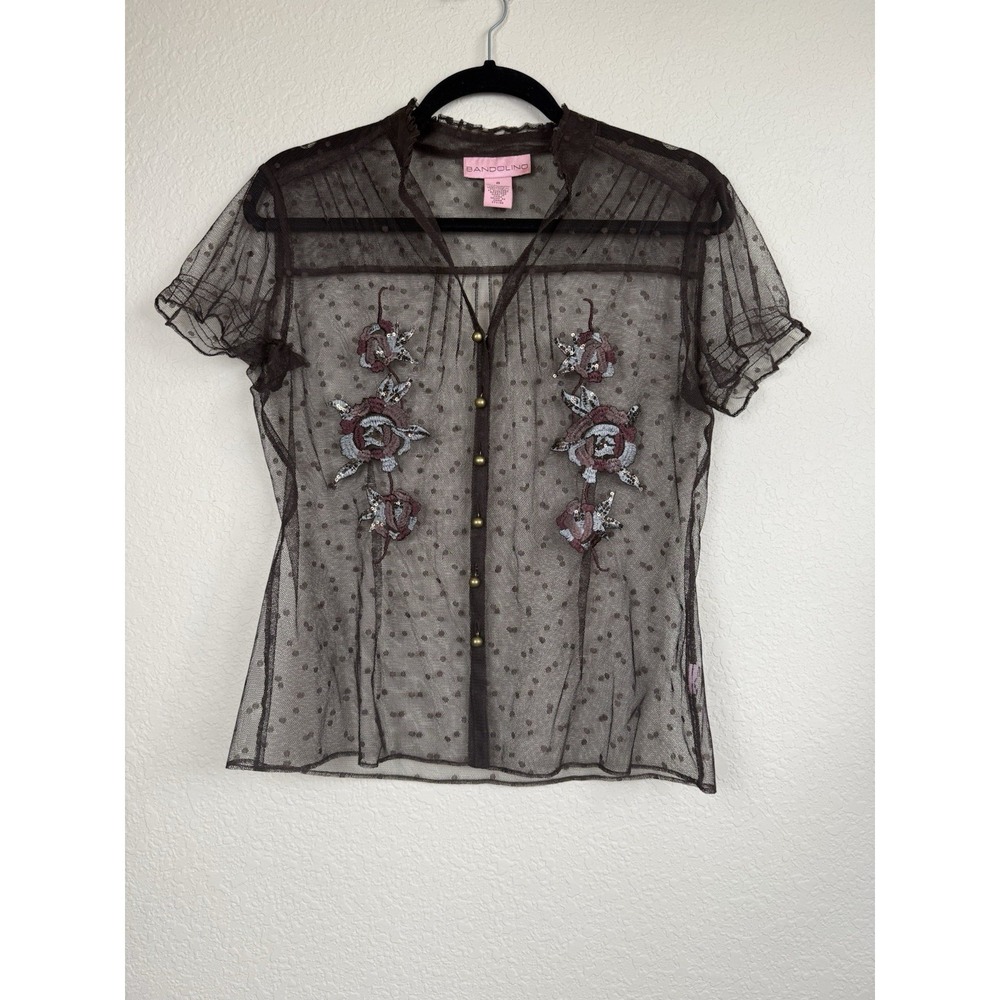 Vtg Bandolino Sheer Mesh Button Up Brown Embroidered Floral Whimsygoth Top Sz 8